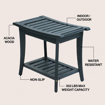 Tucker 22.1" Traditional Classic Slatted Solid Acacia Wood Indoor/Outdoor Shower Bench with Shelf and Handle